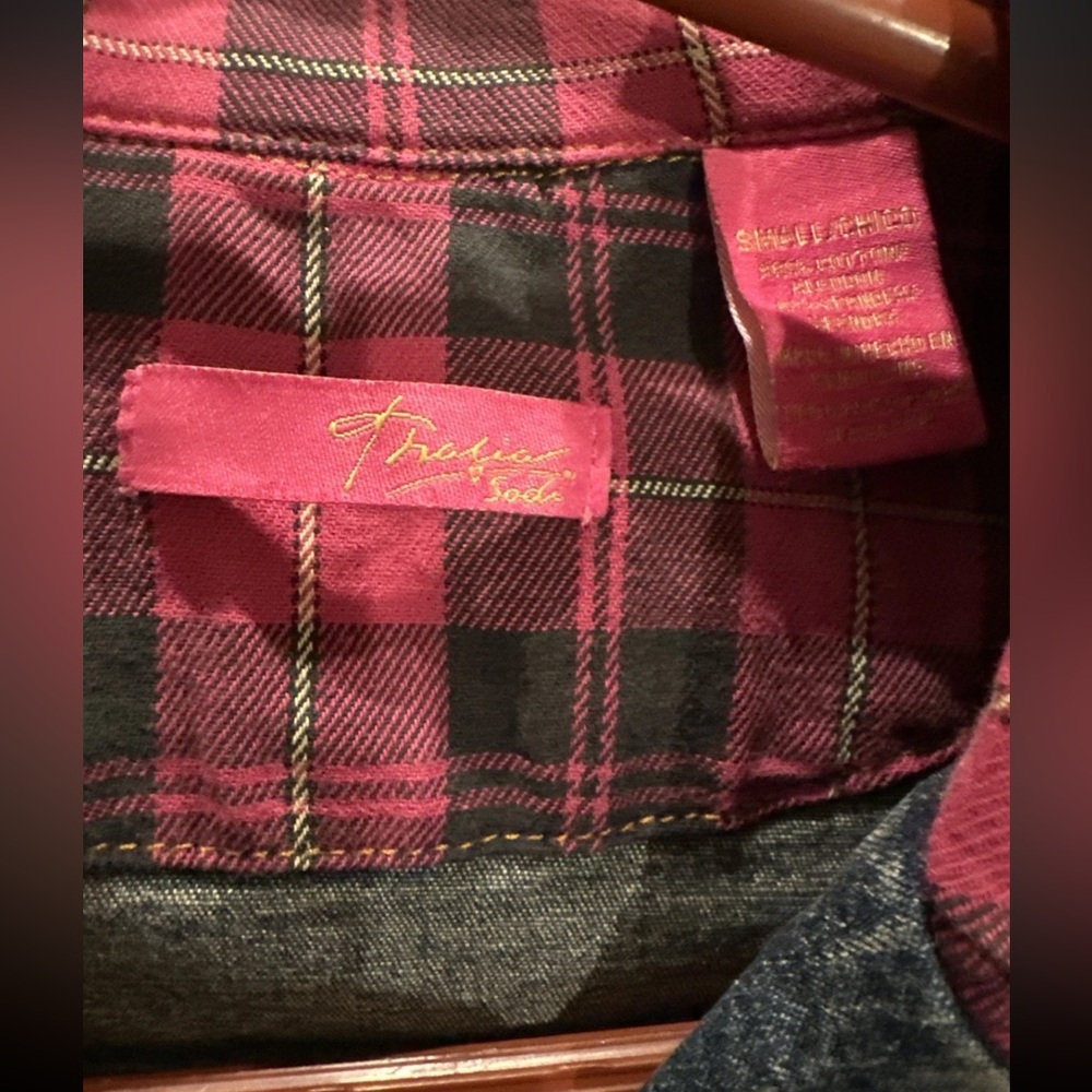 NWOT Y2K Traffic Soda Cropped Denim Blazer With Plaid Accent & Embroidered Back - Picture 9 of 11